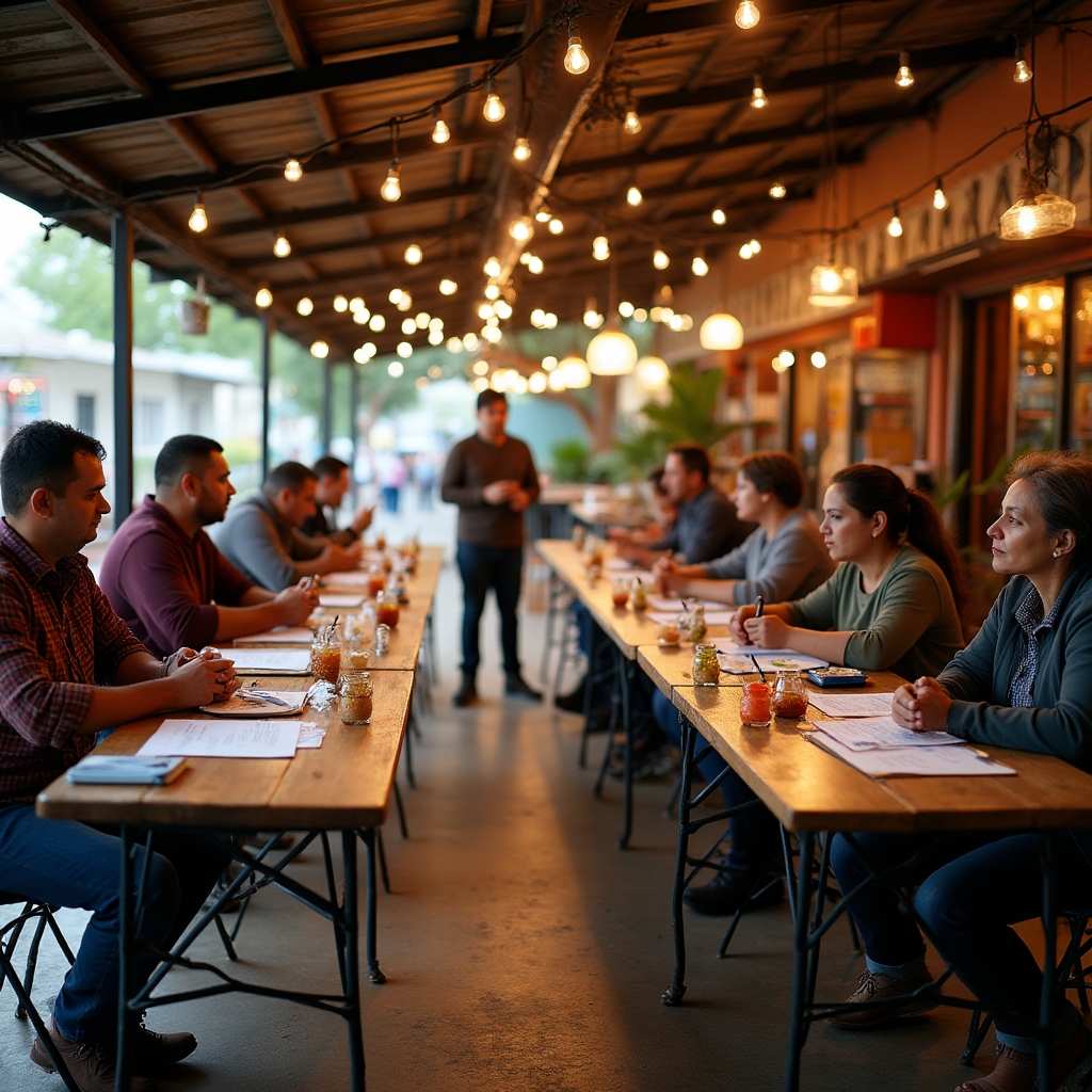 Group of food vendors gathered in a covered market space for a community costing workshop, with worksheets and ingredients on tables