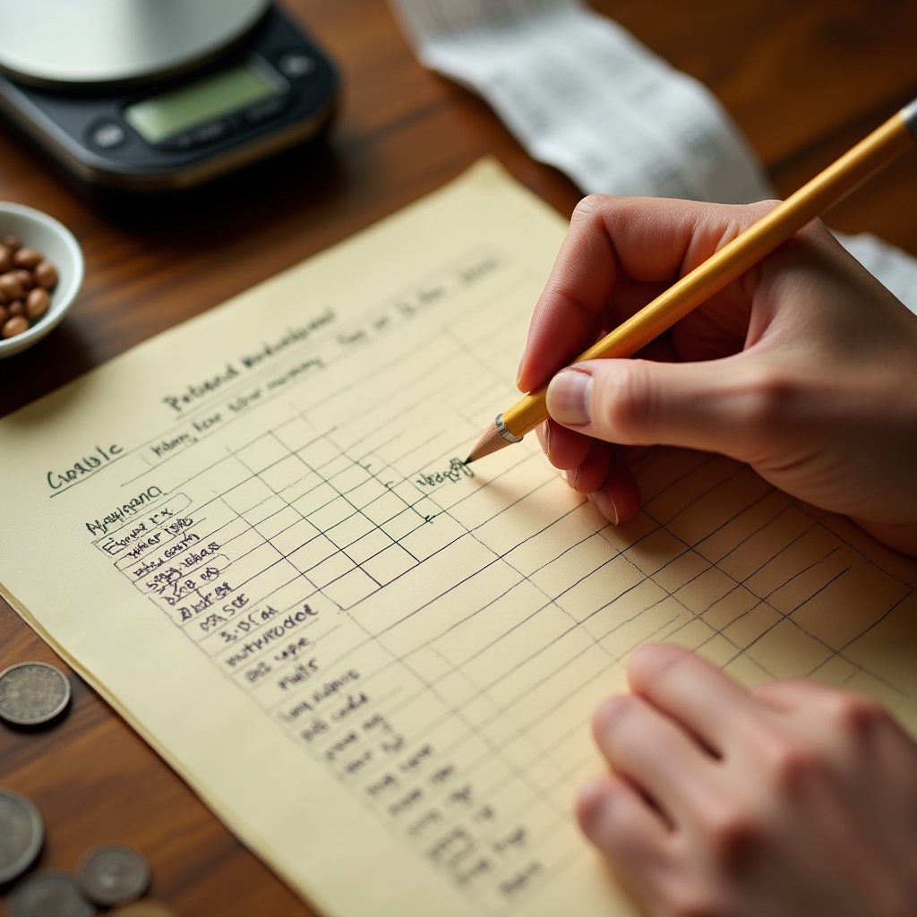 Food business owner filling out a handwritten cost card with ingredient weights and prices at a workshop table