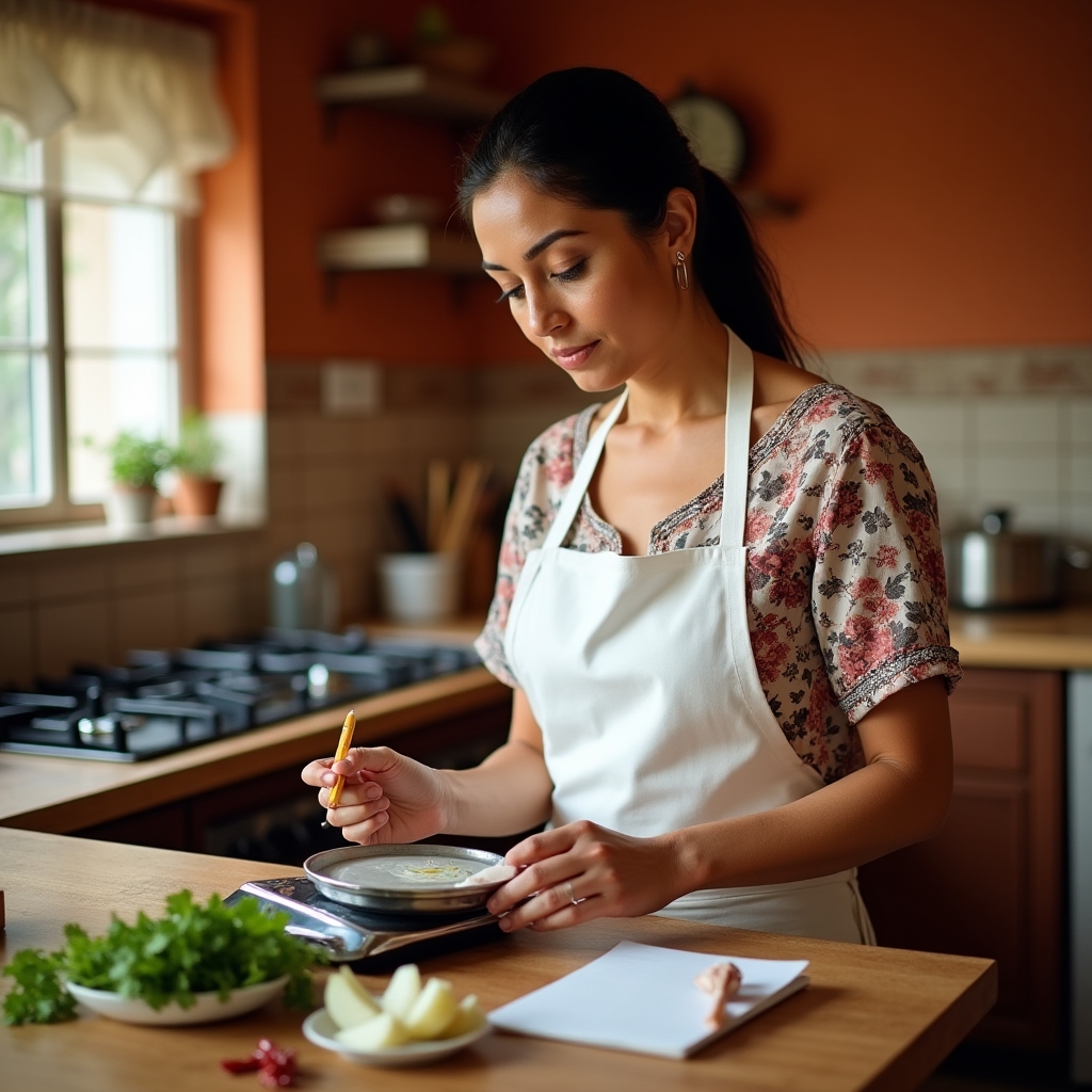 Food business owner weighing ingredients and calculating costs at their stand