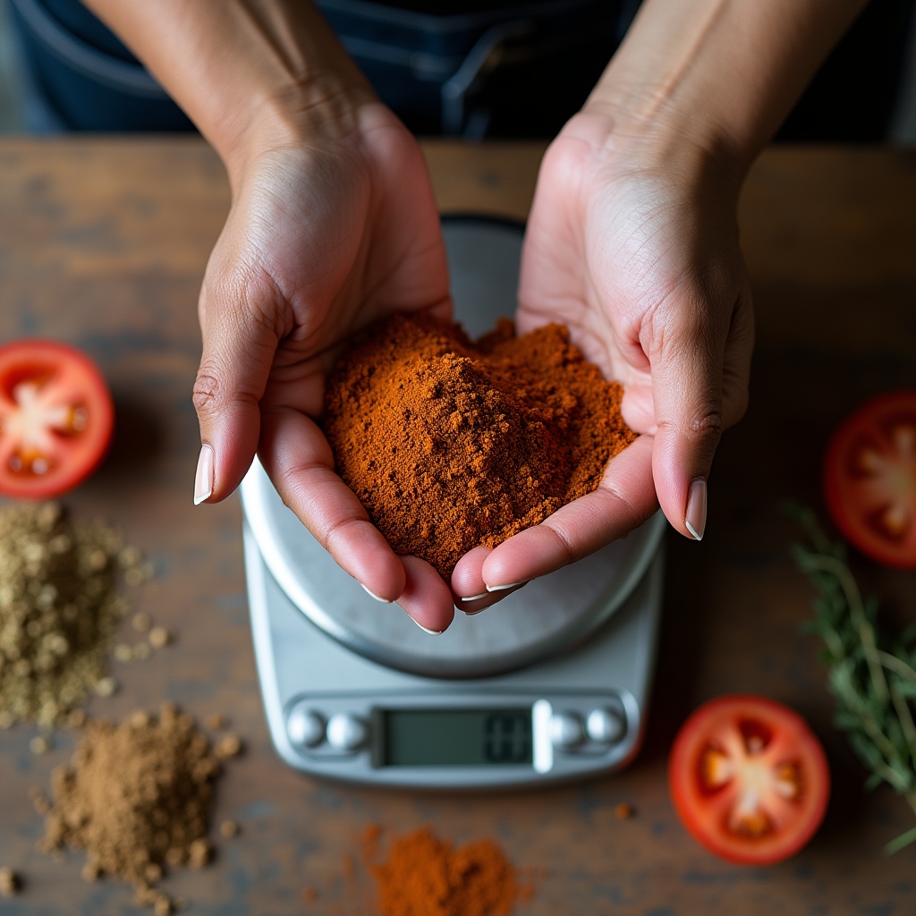 Close-up of hands weighing fresh ingredients on a digital kitchen scale during a costing workshop