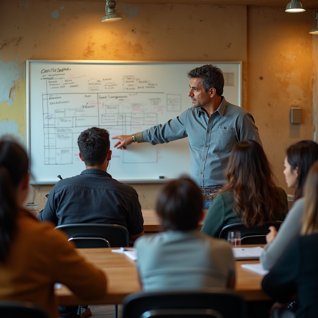 Workshop instructor explaining cost calculation methods to a small group of food business owners