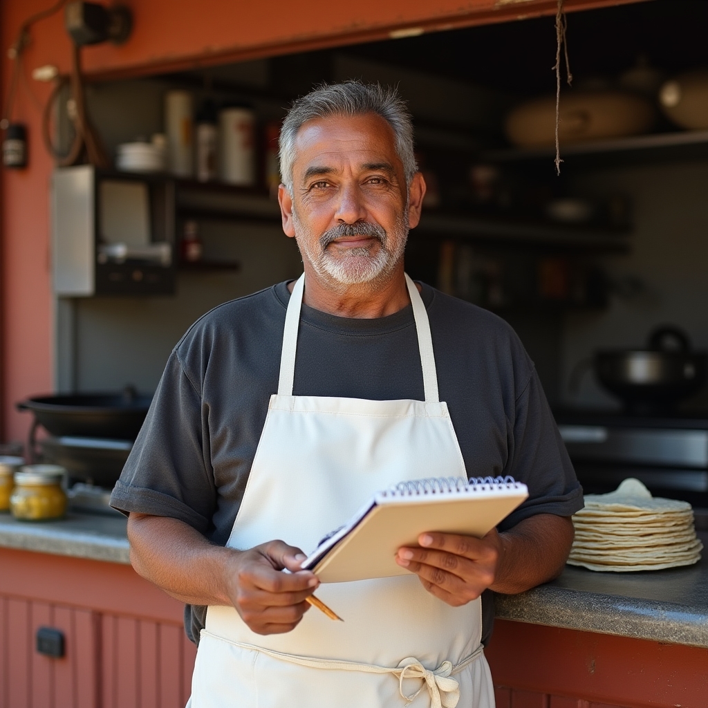 Taco stand owner reviewing handwritten cost notes at their food stand