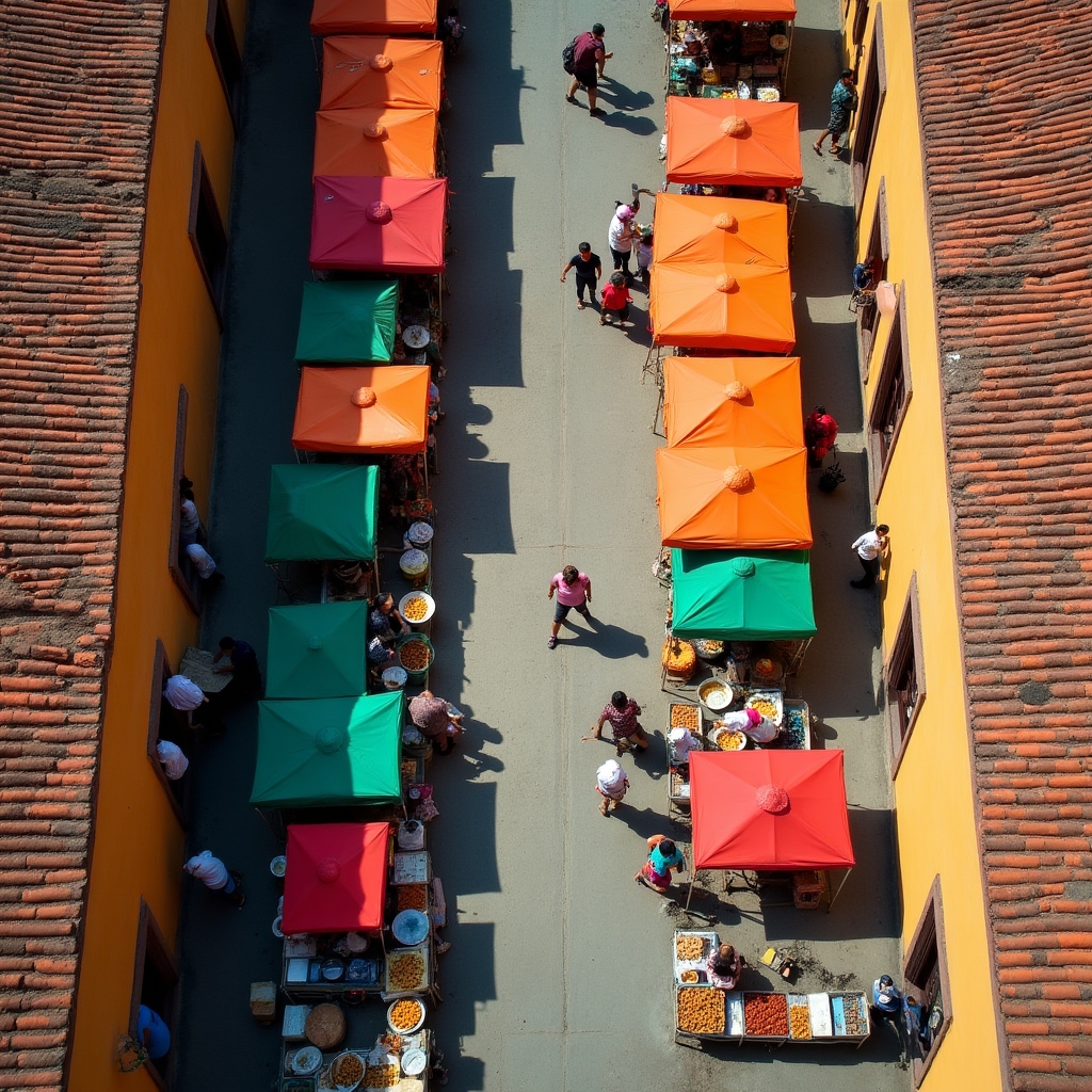 Aerial view of a colorful outdoor market in Veracruz with food vendors and their stalls arranged in rows